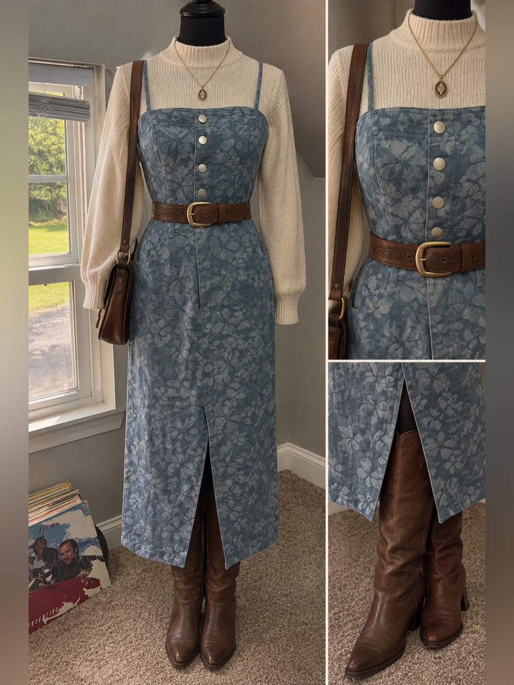 Storia Light Blue denim Floral Button-Front Midi Dress